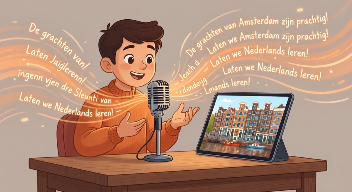 Person speaking into microphone, describing a photo in Dutch