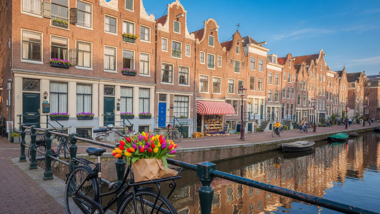 Gracht met fiets en tulpen